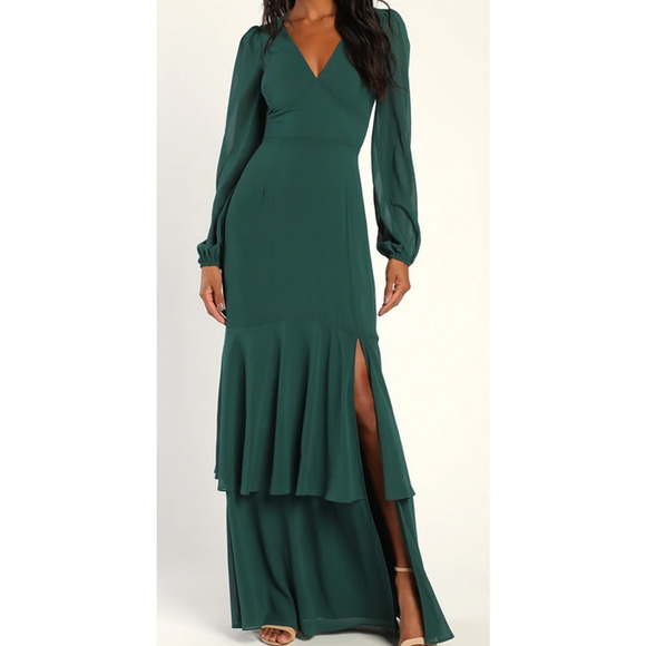 Lulus Dresses & Skirts - LULU'S SZ L Tier Elegance Hunter Green Long Sleeve Tiered Maxi Dress NEW b103